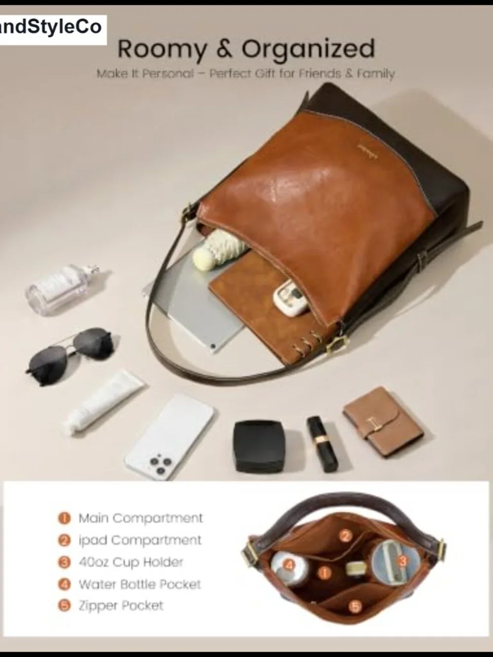 Vegan Leather Hobo Bag with Cup Holder, Adjustable Crossbody Strap